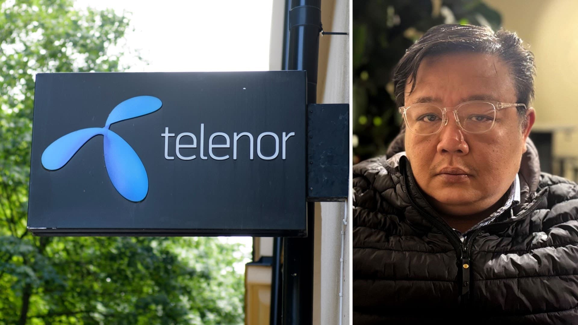 En skylt med Telenors logotyp syns på en byggnad. Till höger visas Ko Ye, en aktivist från Myanmar, som uttryckt besvikelse över Telenors agerande.