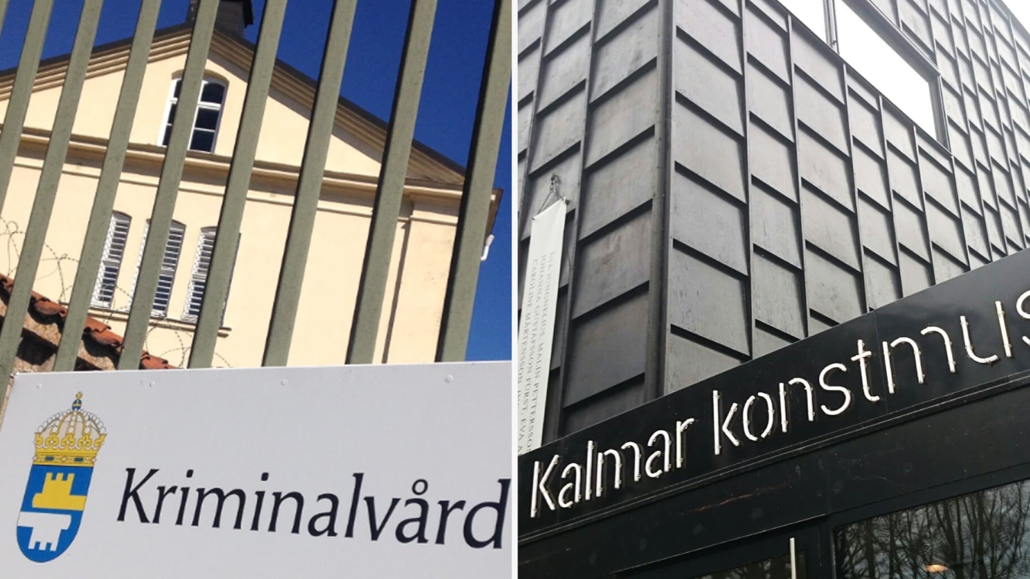 Delad bild som visar en del av Kriminalvårdens anstalt med stängsel och skylt samt Kalmar konstmuseum med fasad och skylt. Fokus på kopplingen mellan kriminalvård och konst.