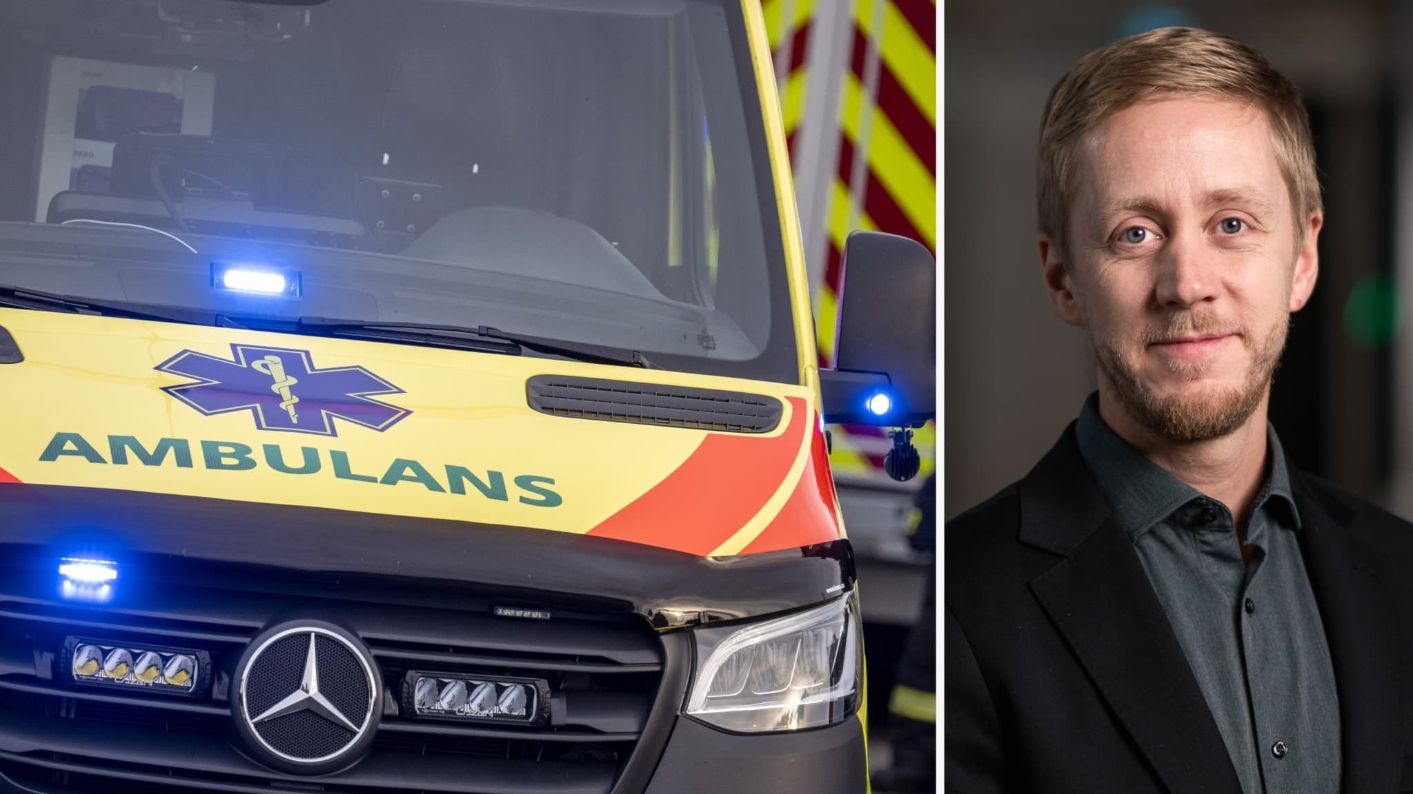 En man med kort hår och skäggstubb iklädd svart kavaj och skjorta och en gul och orange ambulans med grön ”ambulans”-text på motorhuven.