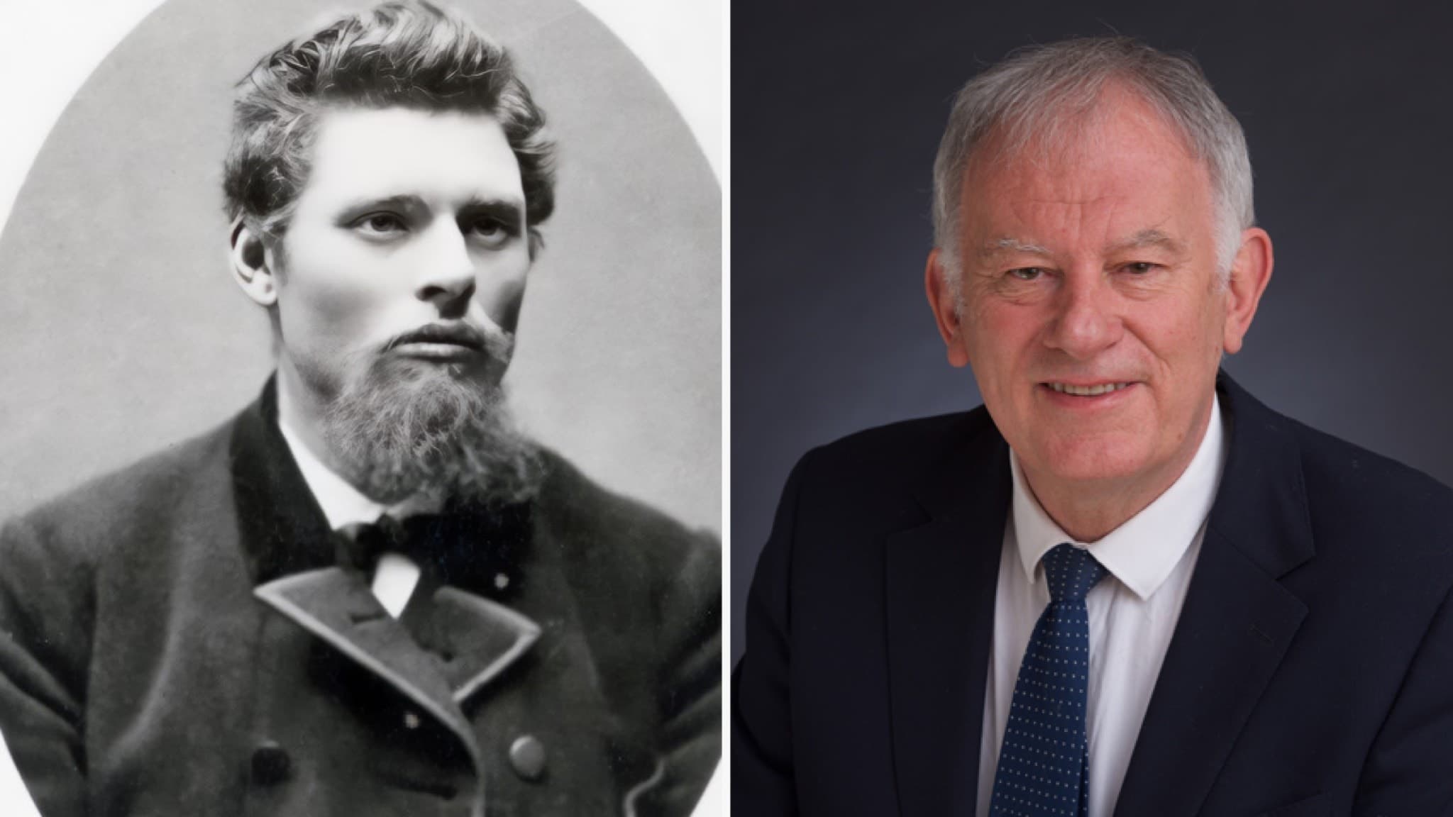 Två porträtt sida vid sida: till vänster en historisk bild av kapten Hägg i uniform, till höger ett modernt porträtt av David Bilbe i kostym mot en mörk bakgrund.