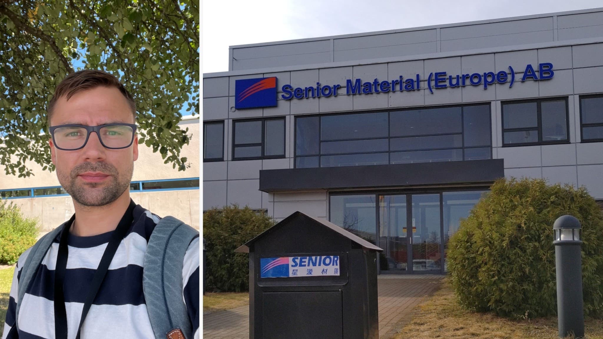 En kille med glasögon och randig tröja till vänster, en bild på en grå byggnads fasad med texten Senior Material (Europe) AB till höger. 