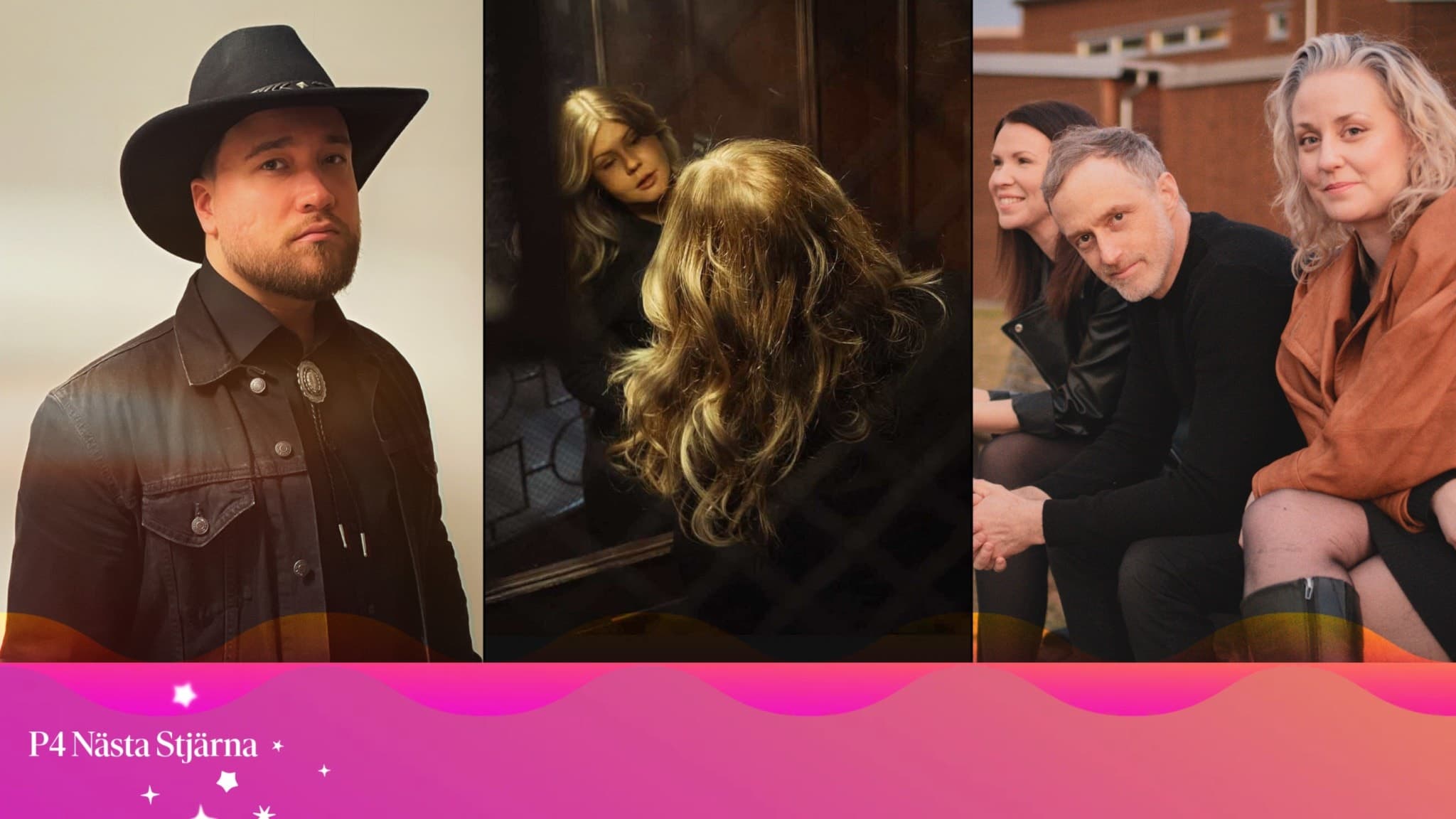 Alex Oakland i cowboyhatt, Elin Amie vid en spegel och musikgruppen The Jem's sittande tillsammans.