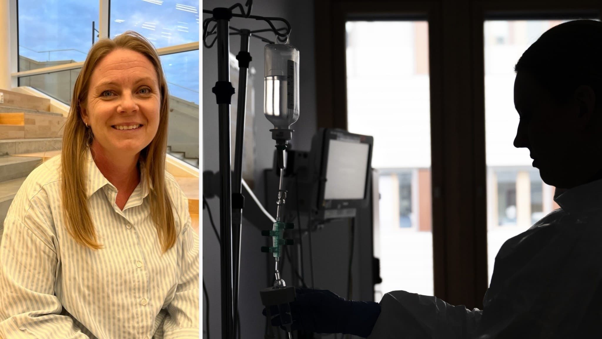 Magdalena Lindblom sitter inomhus i randig skjorta, medan en sjuksköterska i silhuett arbetar vid en droppställning i en sjukhusmiljö.