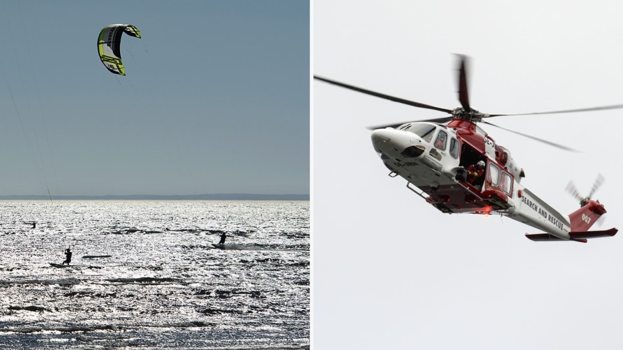 Kitesurfare på vatten och räddningshelikopter i luften.