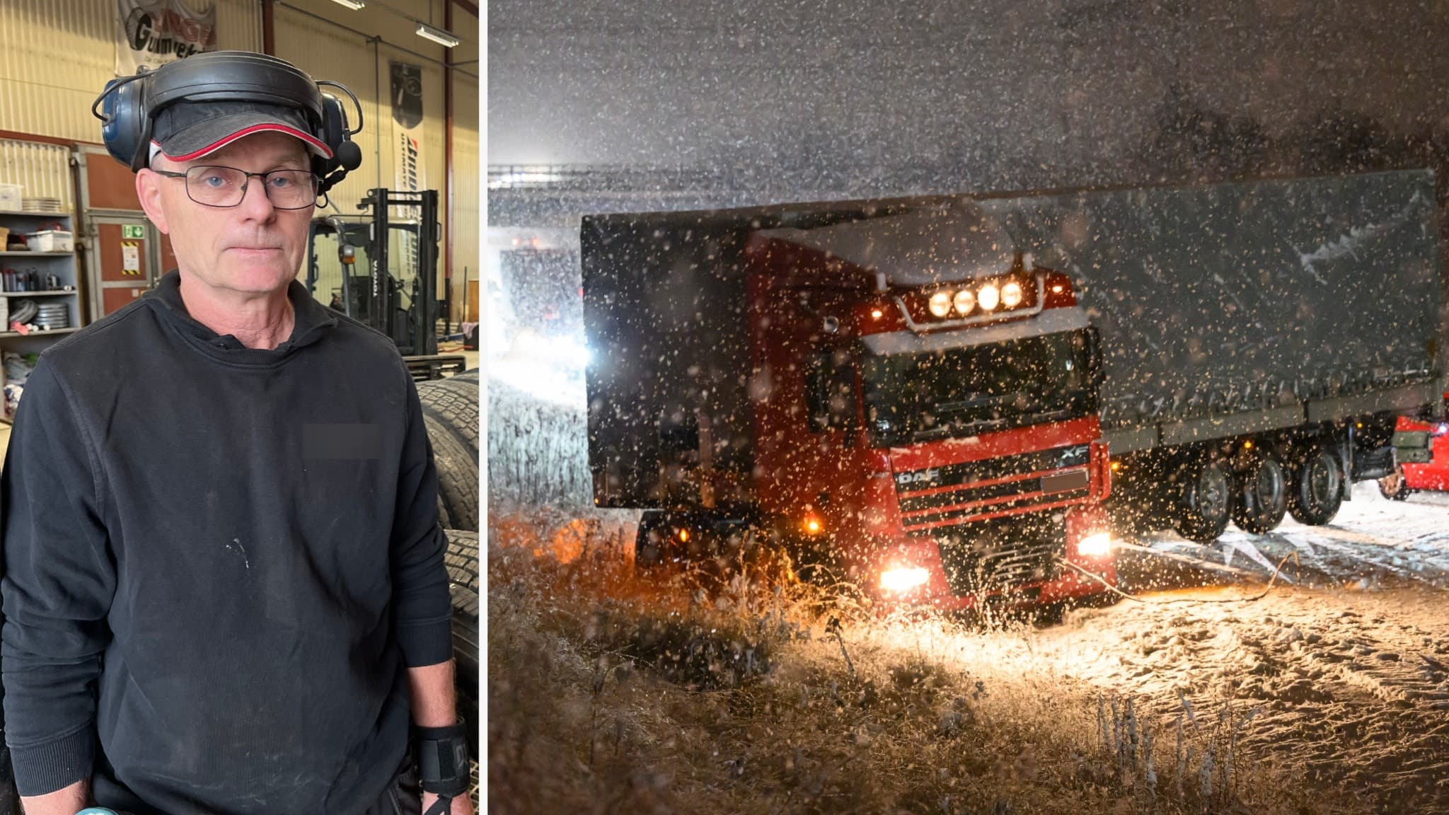 Kollage. Till vänster,  Stefan Blomqvist står i en verkstad. Han har en keps med hörselskydd över. Till vänster, en röd lastbil  på en snöig väg i kvällsmörker.