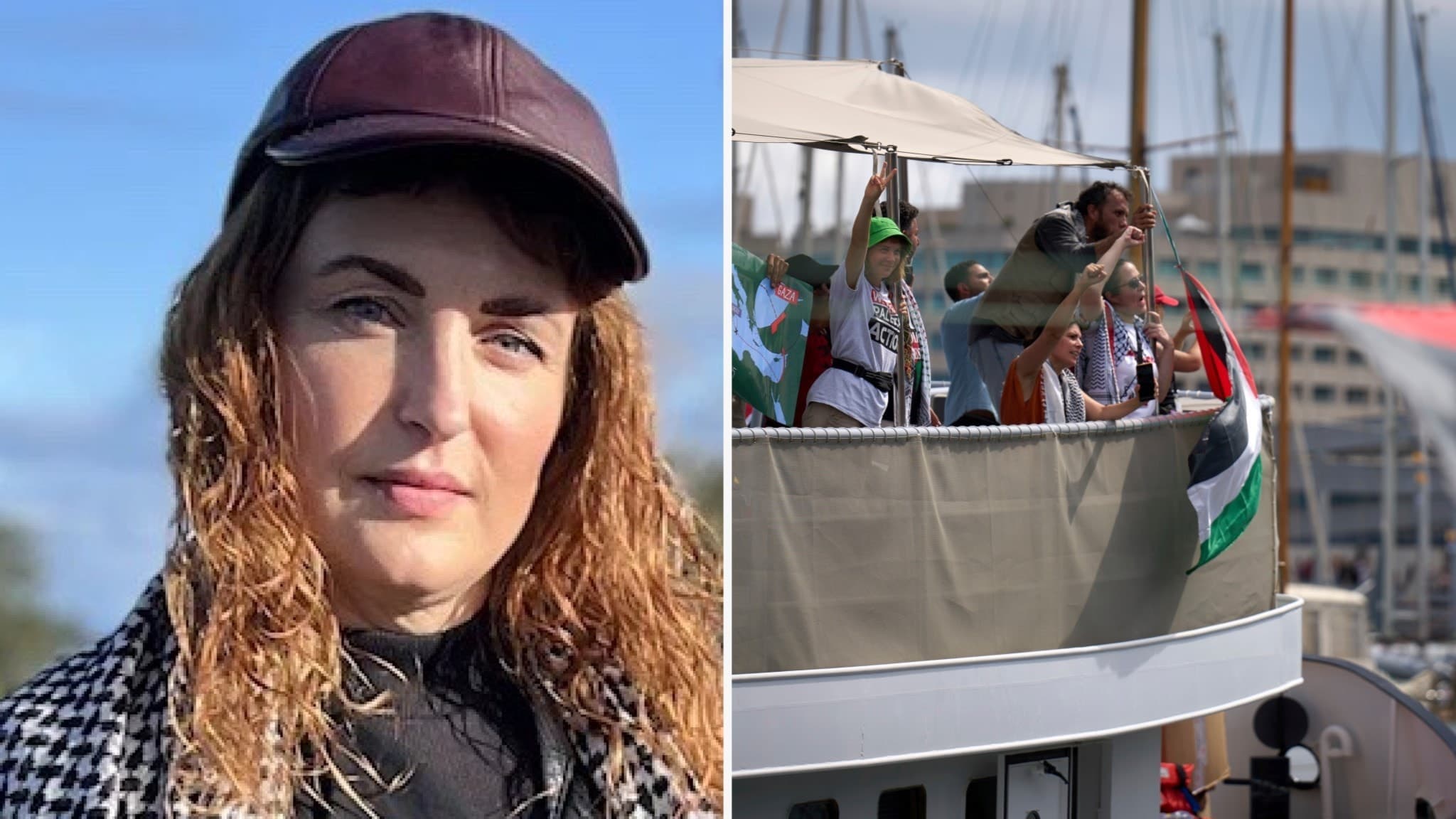 Bildmontage med två delar: till vänster en person med långt hår och keps, ansiktet suddat. Till höger en grupp människor på ett fartyg med palestinska flaggor, del av Ship to Gaza-initiativet.