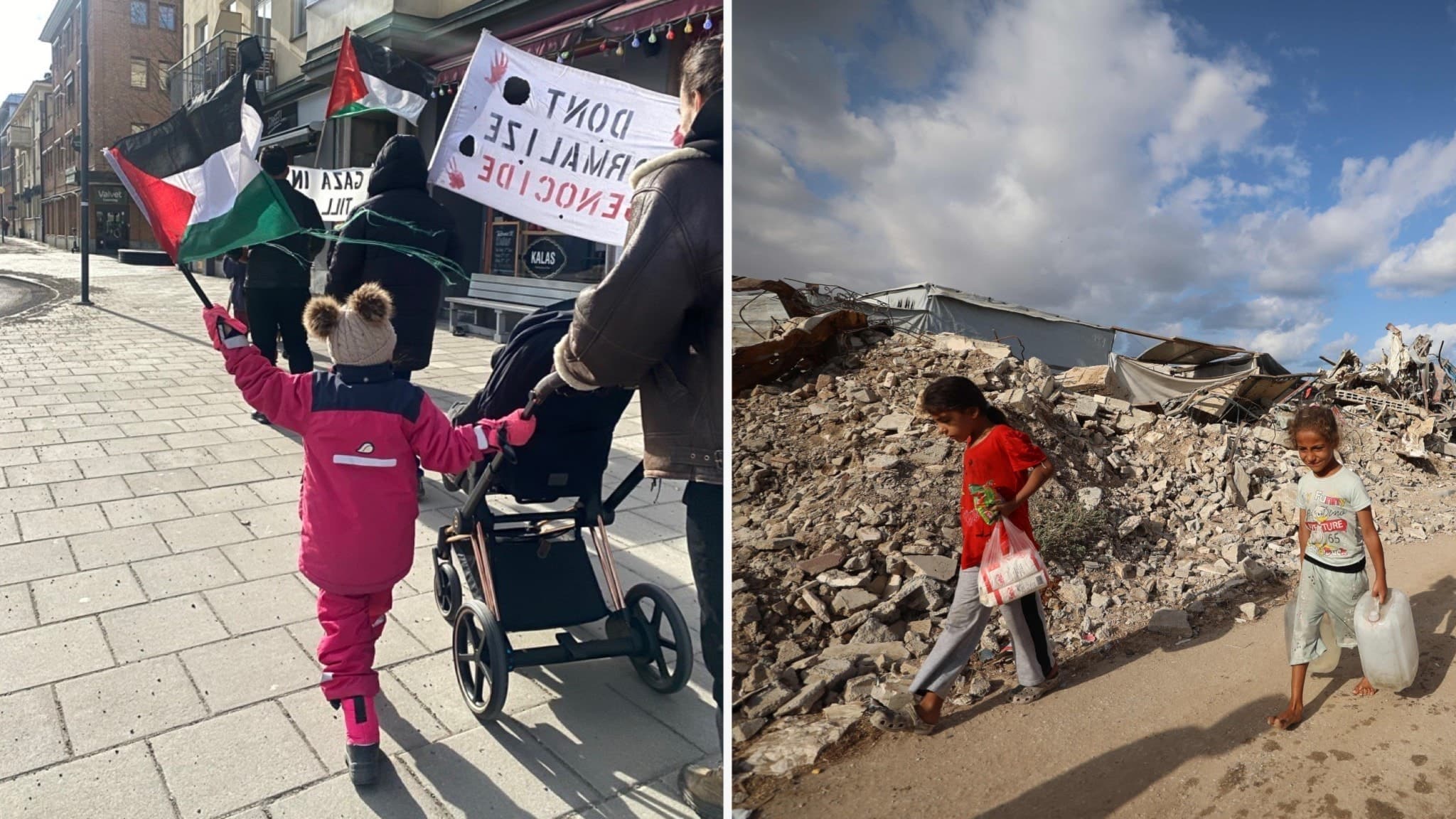 Bildmontage med två scener: vänster visar en liten flicka i rosa overall som deltar i protest med palestinska flaggan, höger visar två barn som går vid ruiner i flyktingläger efter förstörelse.