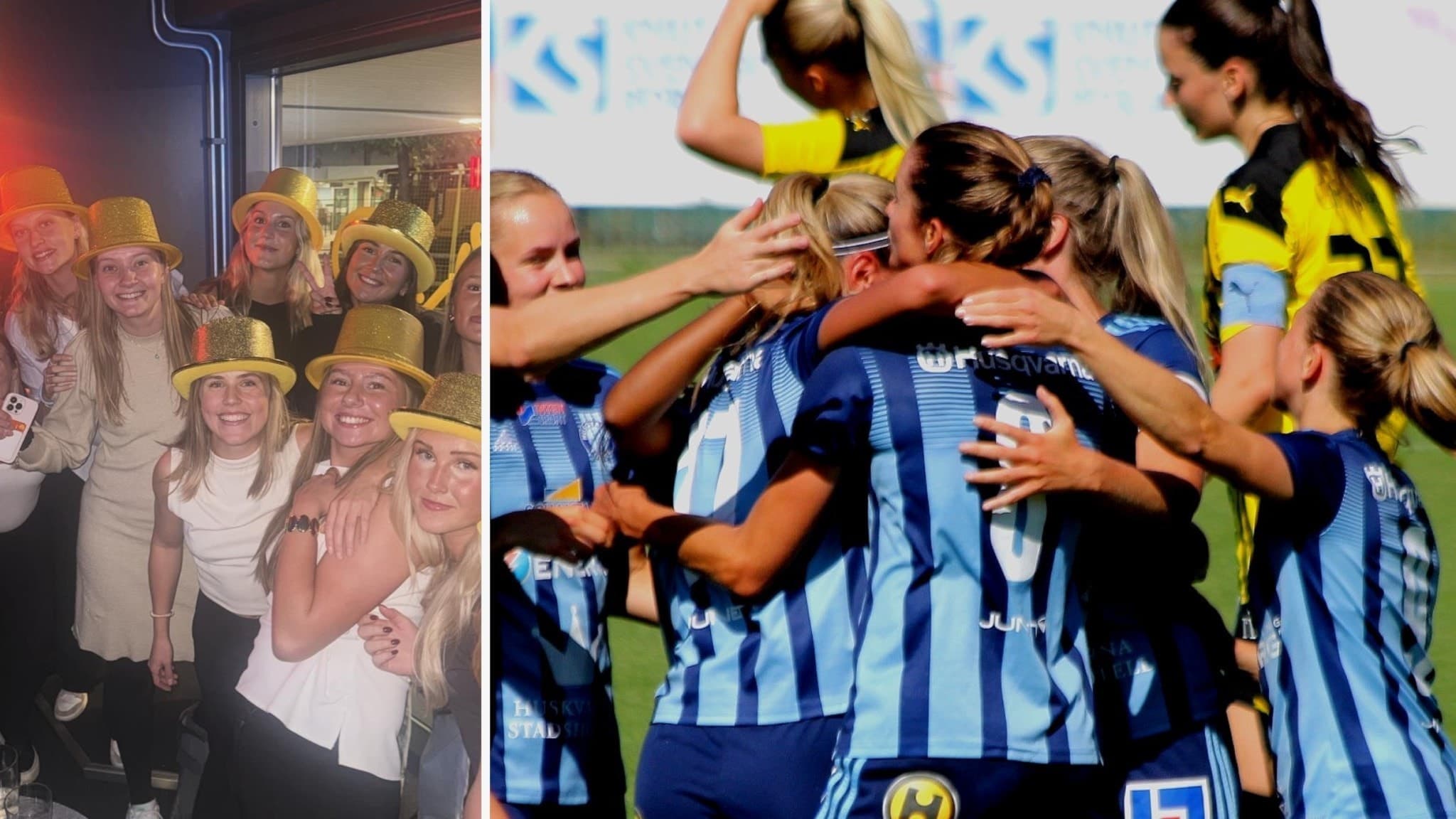 En delad bild med HFF som firar på fotbollsplanen och laget i guldhattar.