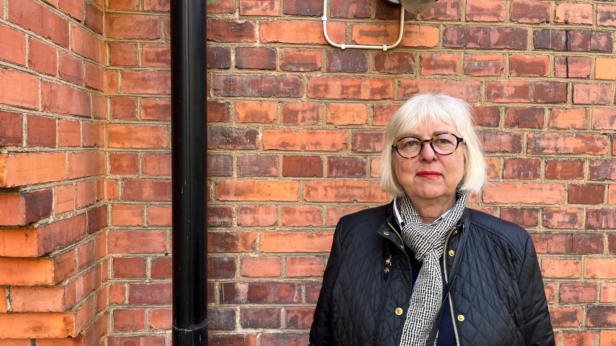 Ann-Marie Hedlund står framför en tegelvägg, klädd i svart jacka och mönstrad halsduk. Hon befinner sig utomhus vid en byggnad med röda tegelstenar och en svart stuprör.