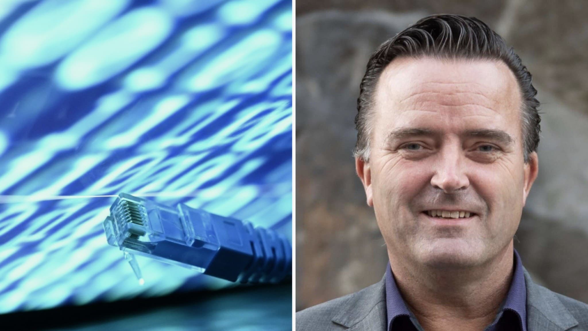 Bildmontage med en nätverkskabel mot en bakgrund av digitala signaler till vänster och en anonym man i kostym mot en grå stenmur till höger, symboliserar digital säkerhet och anonymitet.