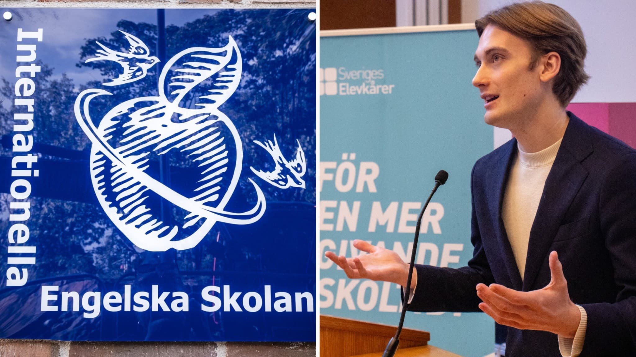 En blå skylt med texten Internationella Engelska skolan, och Sveriges elevkårers ordförande Jonatan Lamy.