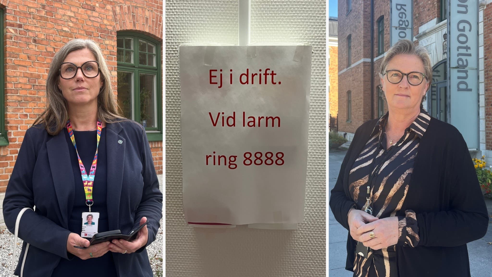 Eva Ahlin, från hälso- och sjukvårdsnämnden, och Marie Loob, hälso- och sjukvårdsdirektör. I mitten syns en papperslapp som informerar om att det nya akutlarmsystemet på Visby lasarett inte är i drift.