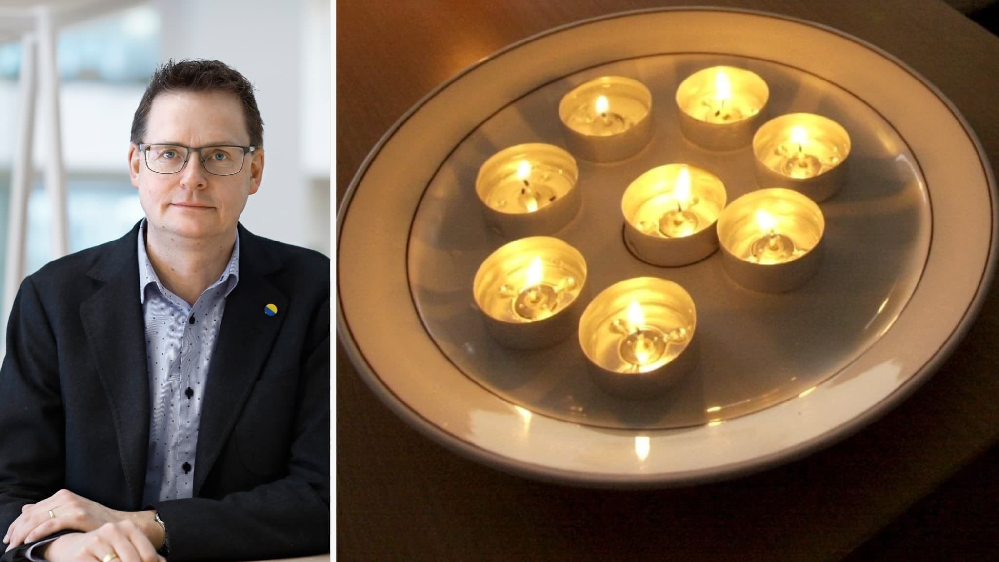 Kollage. Till vänster, Henrik Aleryd från Vattenfall, som ska testa reservkraften på Gotland. Till höger, flera tända värmeljus som står på en tallrik.
