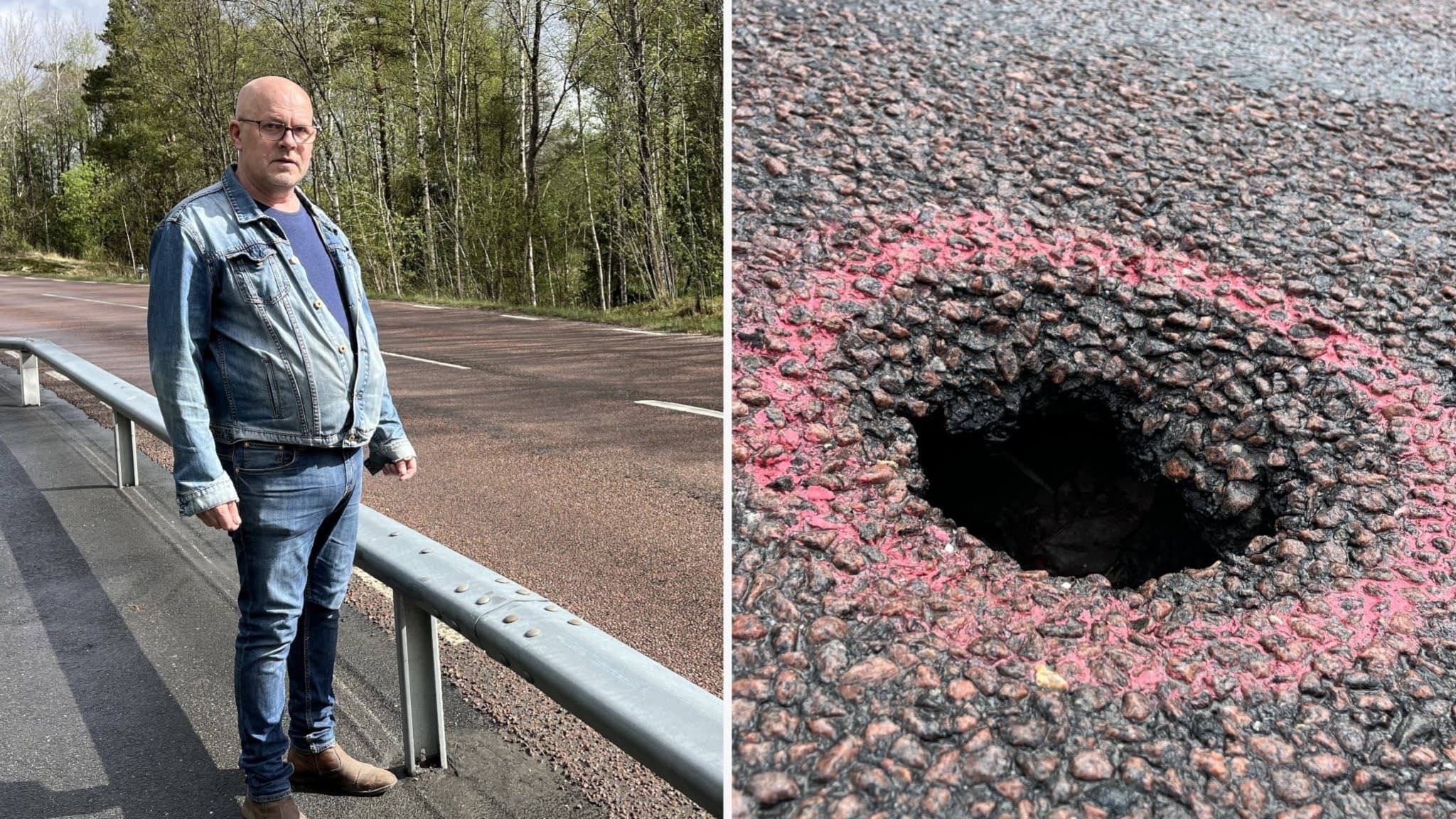 Kollage. Till vänster, Leif Andersson står efter asfaltsvägen där potthålet finns. Till höger, närbild på potthålet i vägen. 