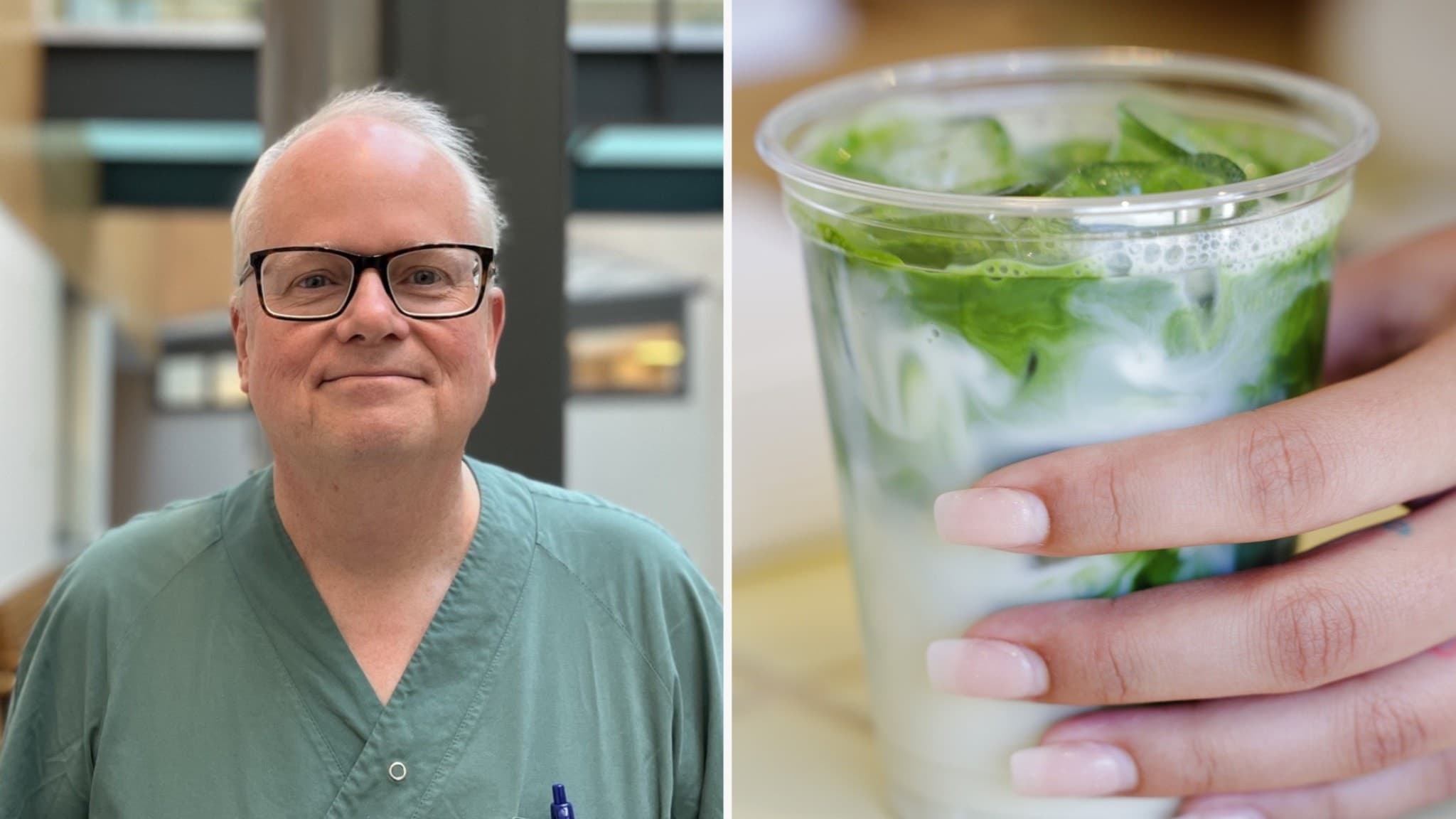 Jerker Nilsson, chefläkare vid Södra Älvsborgs Sjukhus, står i sjukhusmiljö. Bredvid syns en plastmugg med matcha-te, garnerad med färska myntablad och is.