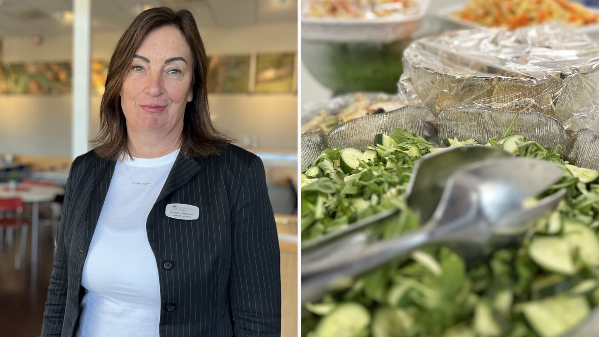 Simone Johansson, chef för måltidsverksamheten i Ulricehamn, står i en matsal. Intill syns en närbild på en salladsskål med färska grönsaker och en serveringstång.
