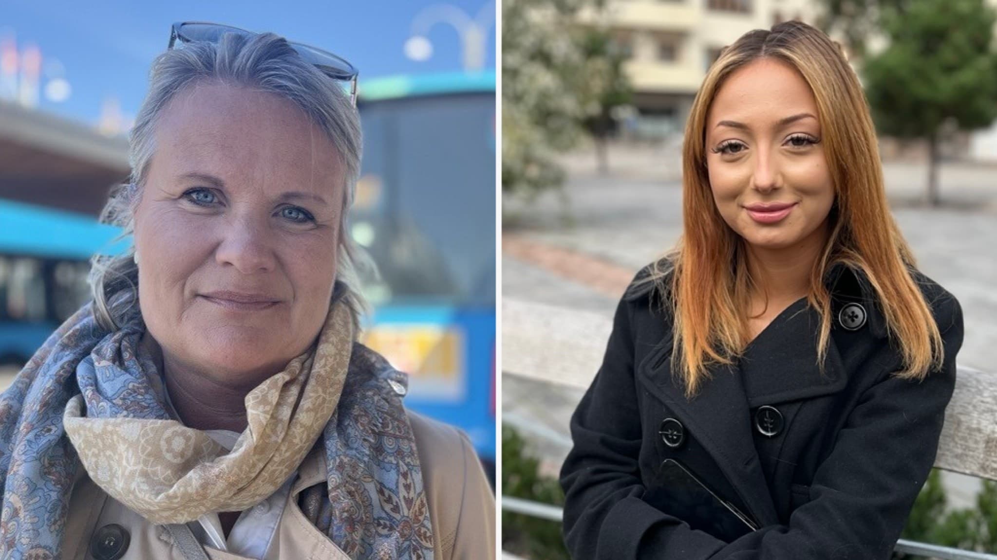 Cecilia Wallem och Dianora Blom Savic står utomhus, den ena framför en buss och den andra vid en stenmur. Den första personen bär en scarf och solglasögon, den andra en svart kappa.
