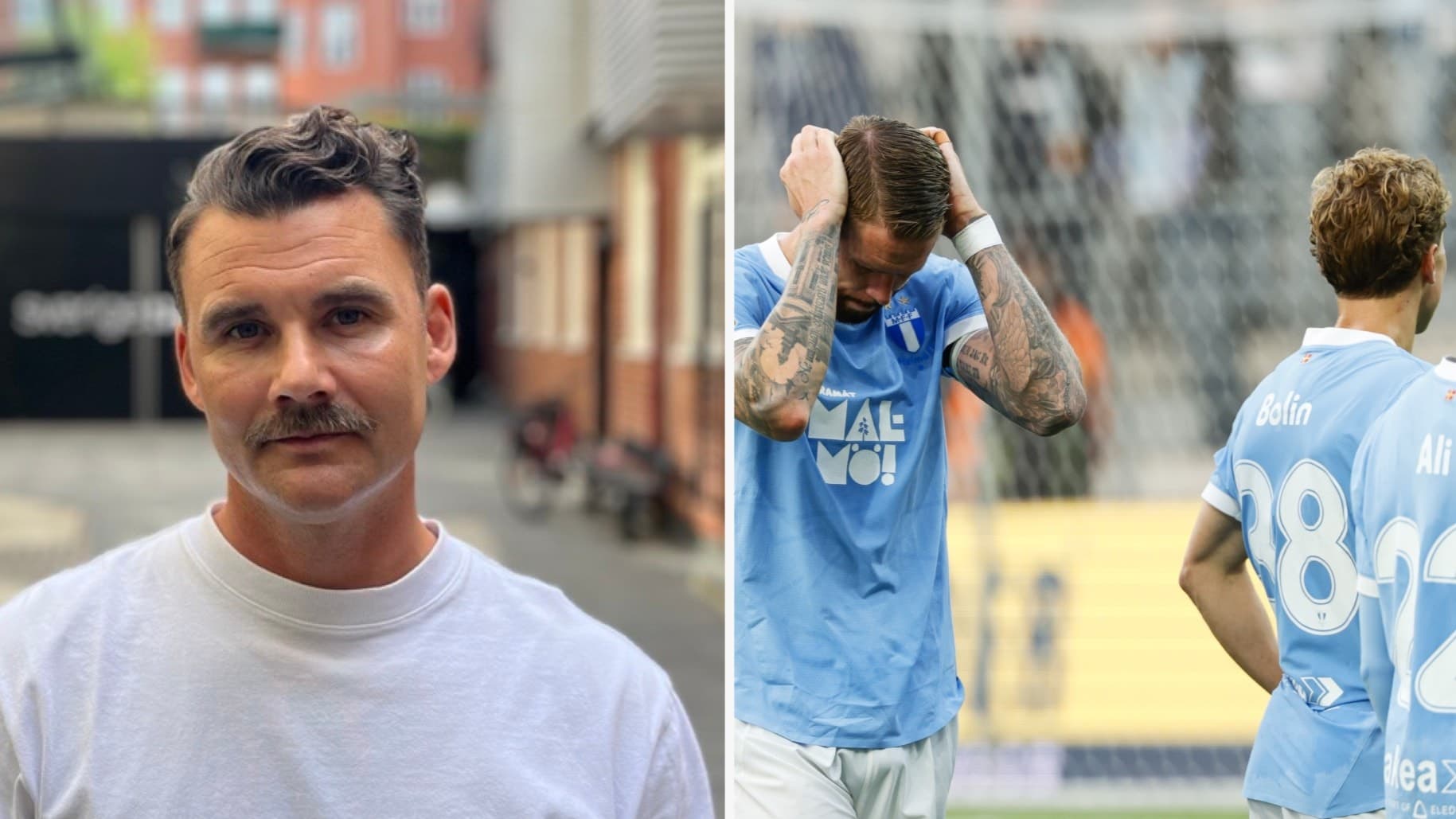 Bildmontage med två delar: till vänster en person i vit tröja framför en bakgård, till höger fotbollsspelare i ljusblå tröjor på planen med en spelare som håller händerna på huvudet.