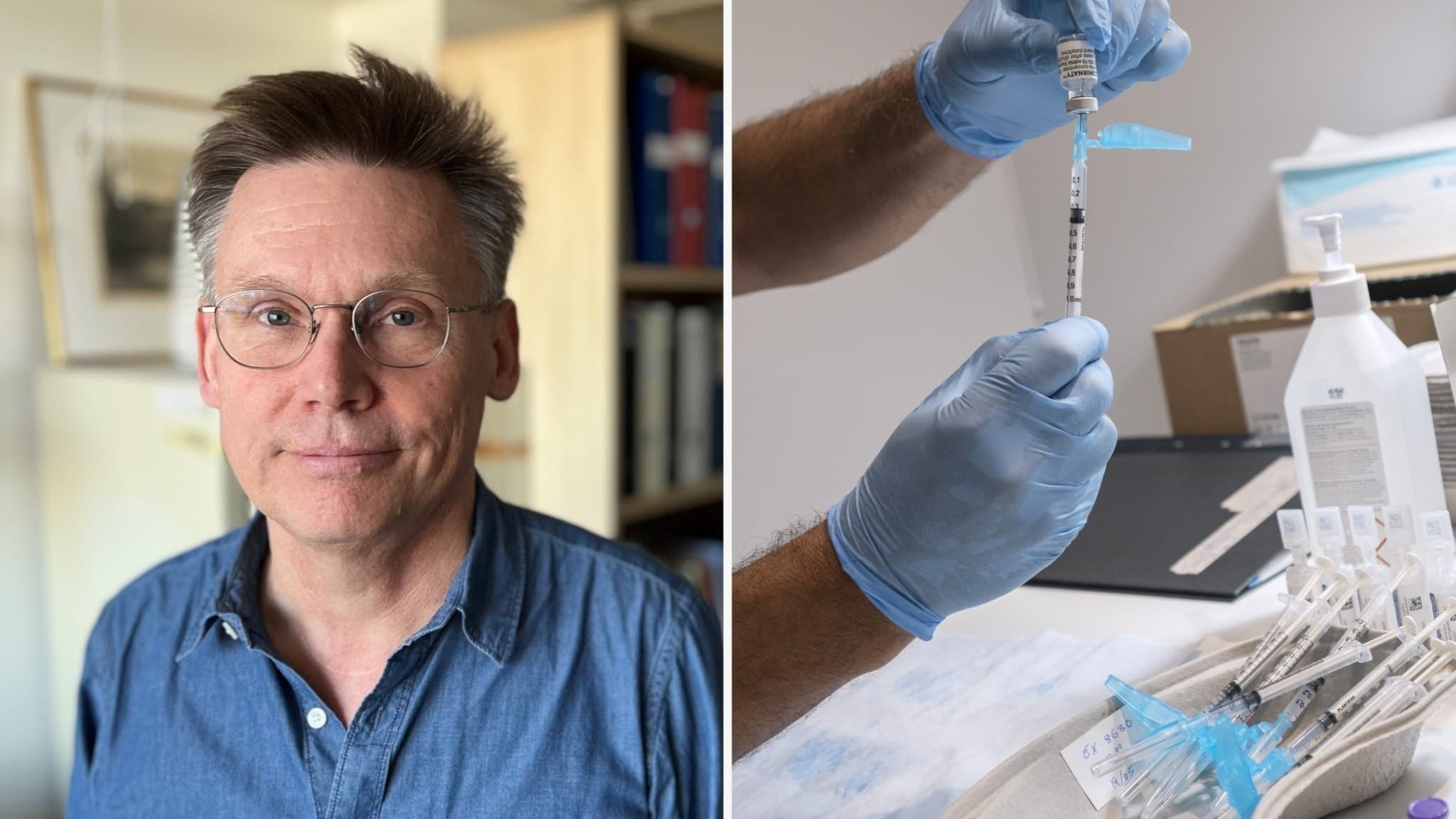 Till vänster syns en person i blå skjorta. Till höger syns en närbild på händer i blåa handskar som förbereder en spruta med vaccin, omgiven av medicinsk utrustning.