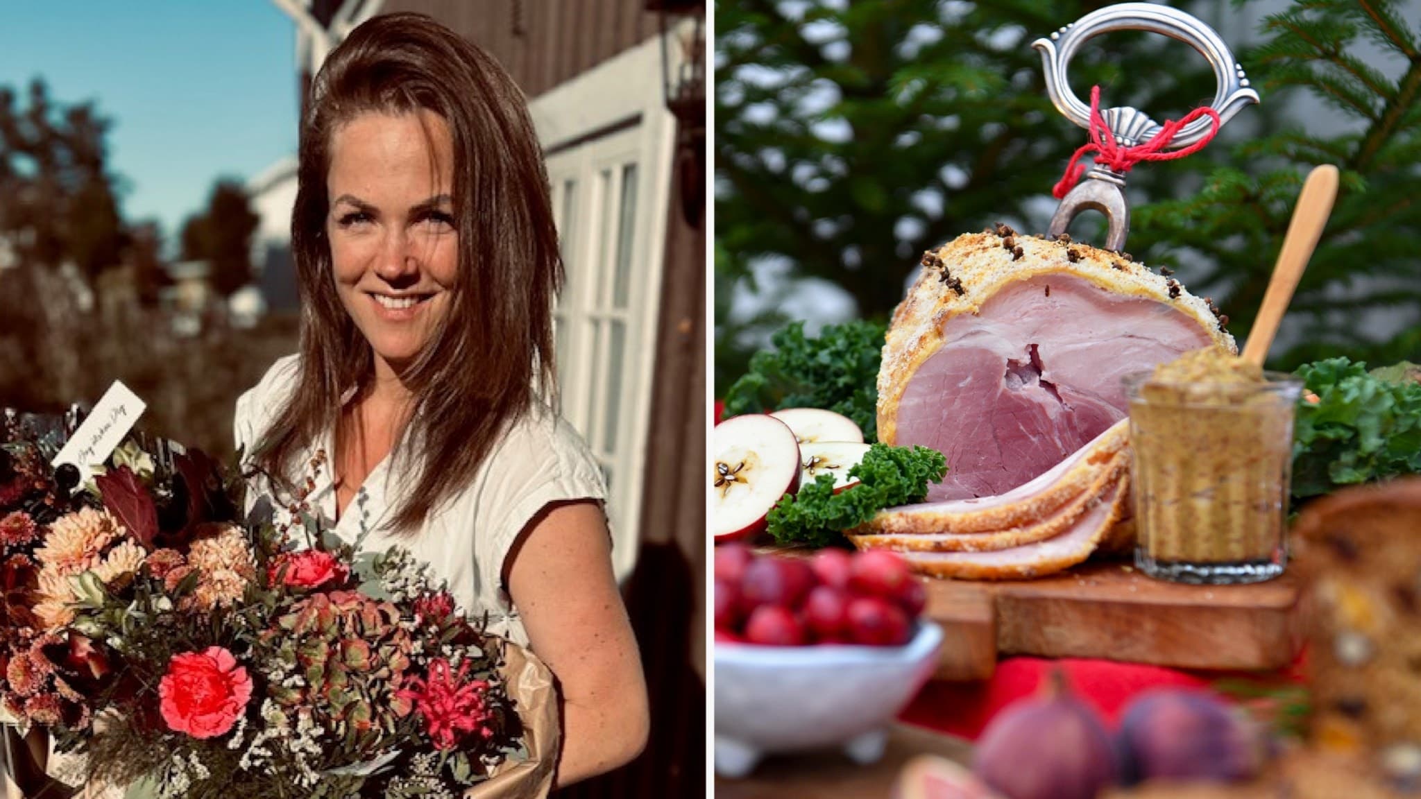 Till vänster syns en kvinna som håller en bukett med färgglada blommor utomhus. Till höger visas ett upplägg med skinka, senap, äpplen och andra tillbehör på ett bord.
