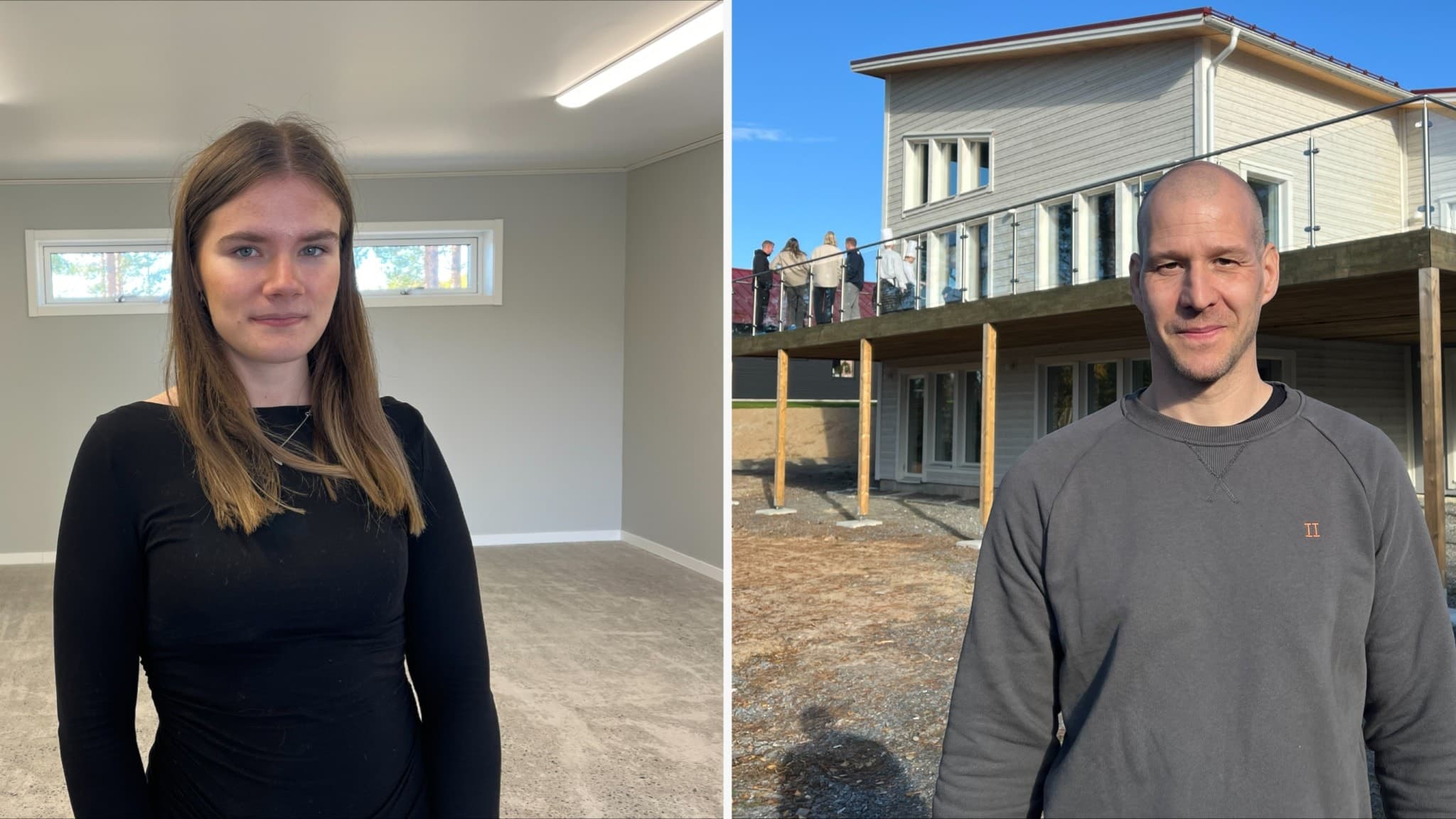 Två personer står framför olika bakgrunder; till vänster en ljus inomhusmiljö med fönster och till höger ett nybyggt hus med trädetaljer utomhus. Bilden relaterar till byggprojekt.