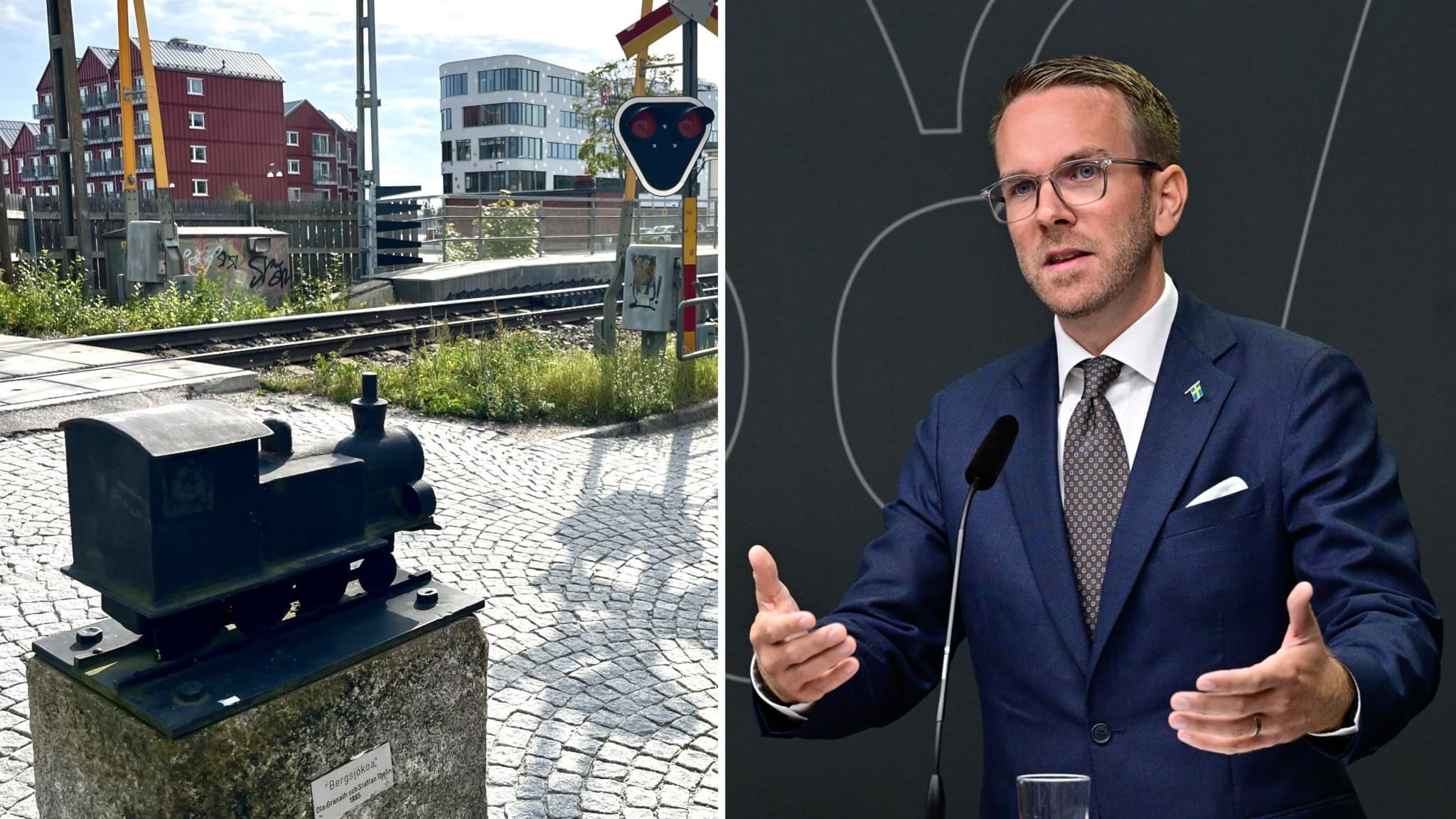 Till vänster syns Hudiksvalls järnvägsstation med ett miniatyrtåg i förgrunden, och till höger infrastrukturminister Andreas Carlson bakom en mikrofon under pressträffen med Trafikverket om förslaget till nationella infrastrukturplanen framåt, iklädd blå kostym och slips. 