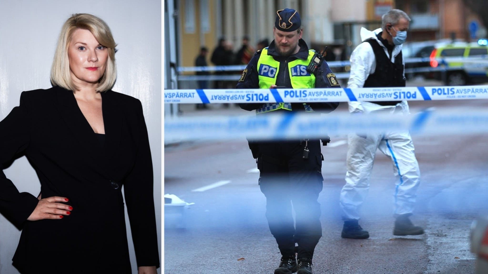 Petra Berggren står i svart kavaj. Till höger syns en avspärrad brottsplats med polis och kriminaltekniker, kopplad till våldsvåg med över 20 skjutningar och fem mord de senaste åren. Foto: Mattias Ahlm/Sveriges Radio, Pernilla Wahlman/TT