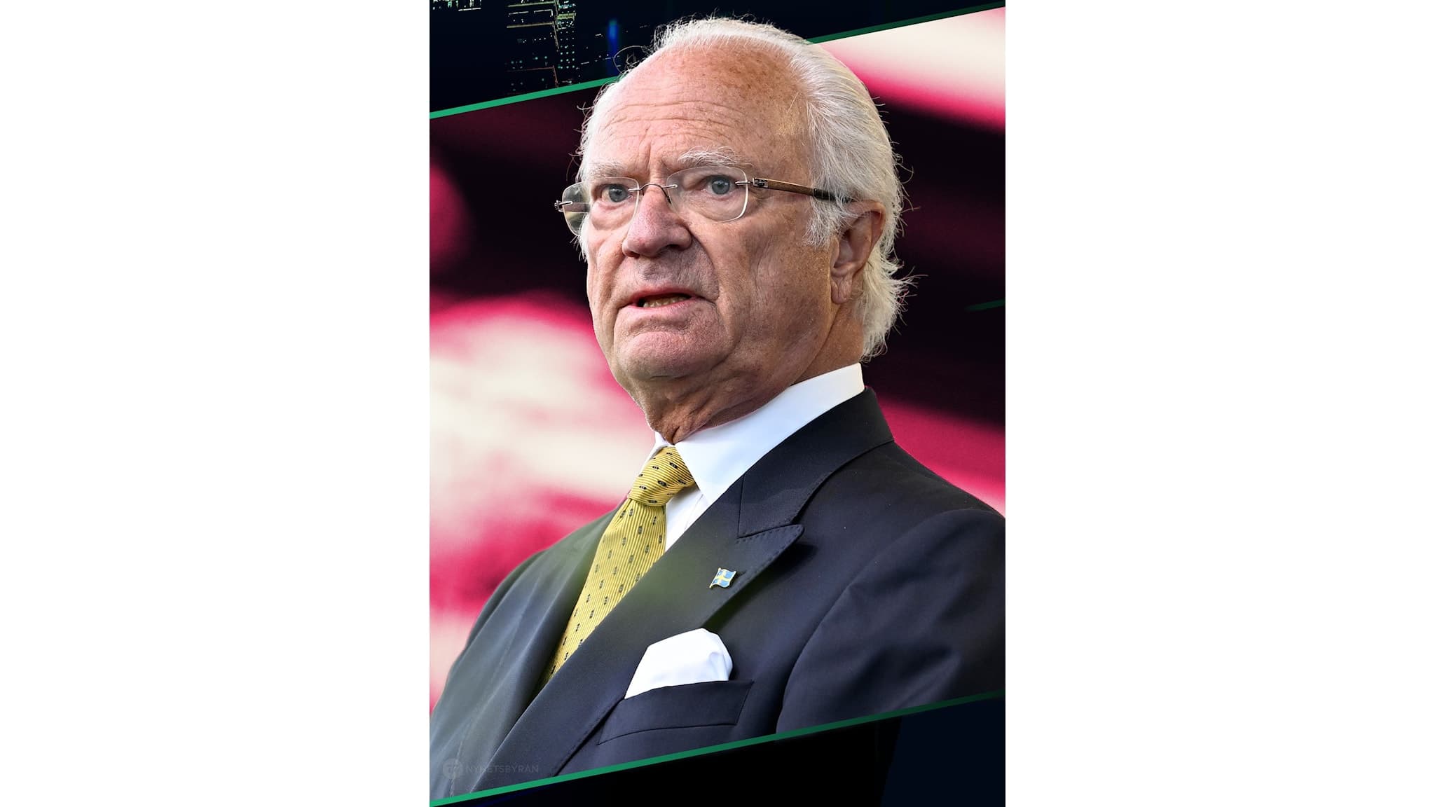 Kung Carl XVI Gustaf framför en rosa bakgrund.