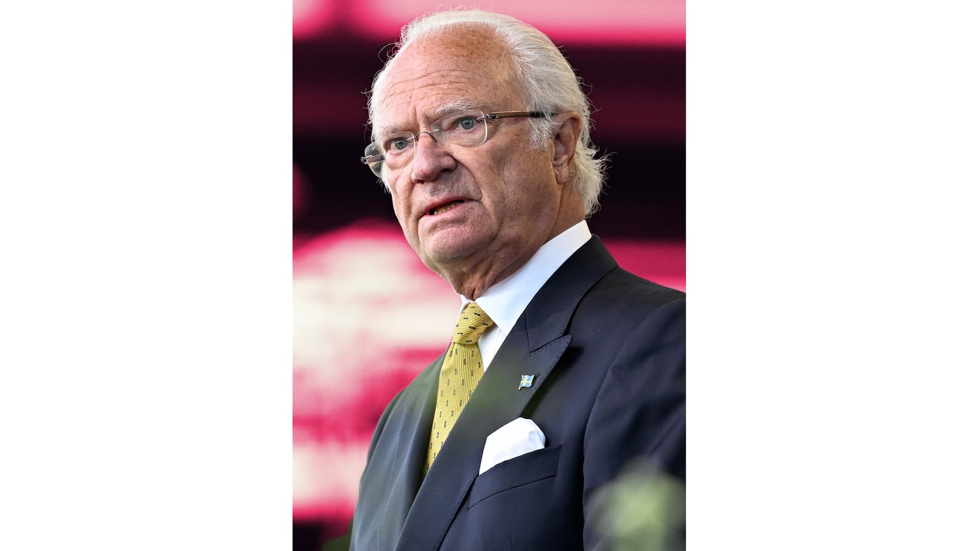 Kung Carl XVI Gustaf mot en rosa bakgrund.